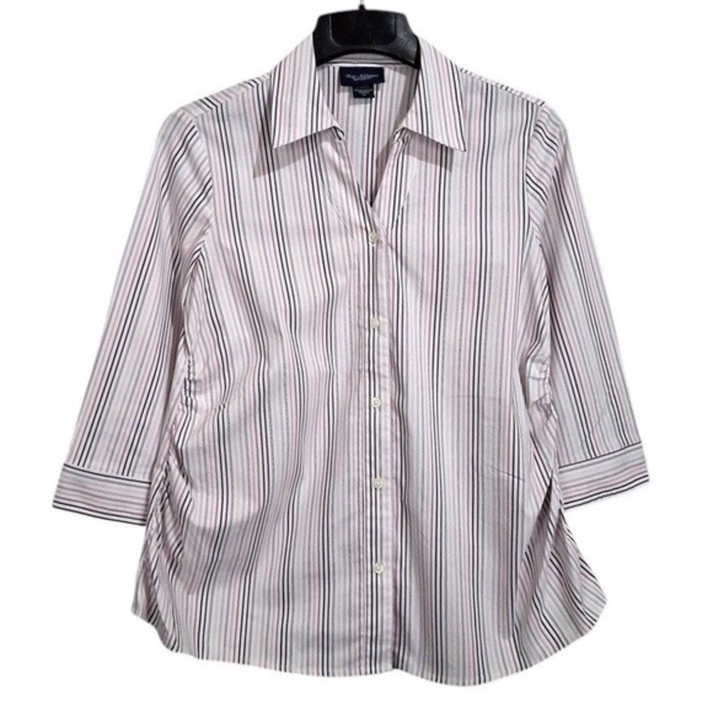 New Additions Women Blouse Maternity S White 3/4 Sleeve Striped Ruched Button-Up